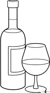 Black and white line art of a classic wine bottle with a smooth, rounded neck and base, designed for children to color.