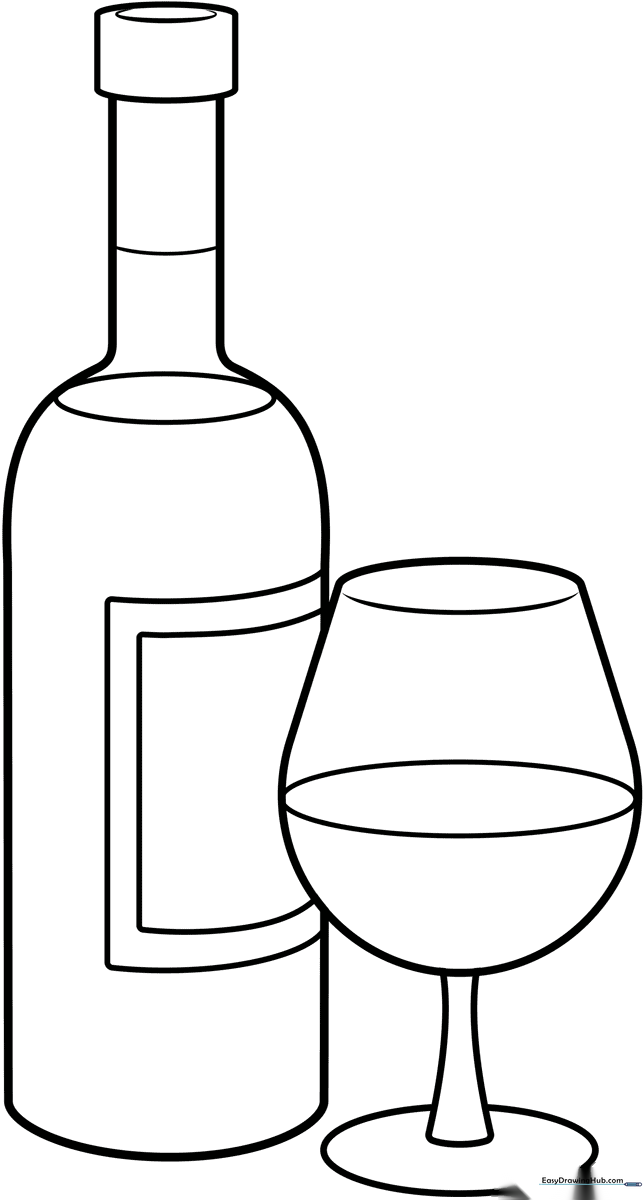 Black and white line art of a classic wine bottle with a smooth, rounded neck and base, designed for children to color.