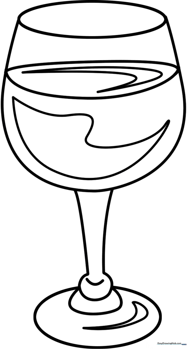 Black and white line art of a classic stemmed wine glass with clean outlines for easy coloring.
