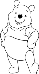Black and white line art of Winnie the Pooh standing, designed for children to color with crayons or markers.