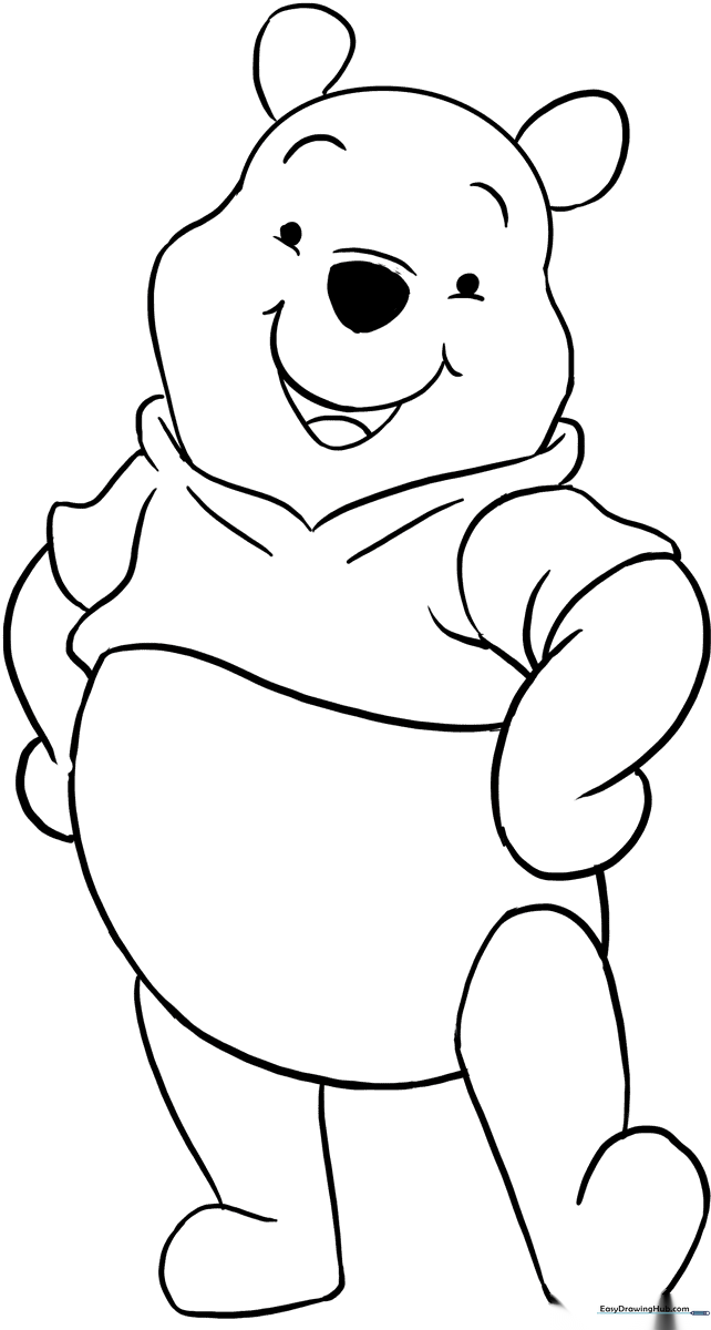 Black and white line art of Winnie the Pooh standing, designed for children to color with crayons or markers.