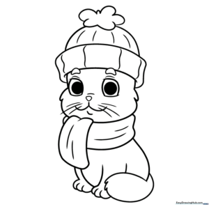 A cute kitten wearing a winter hat and scarf, outlined for children to color.
