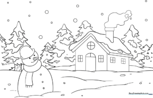 Detailed winter landscape coloring page featuring snow-covered trees and a peaceful horizon, designed for children to practice shading and color blending.