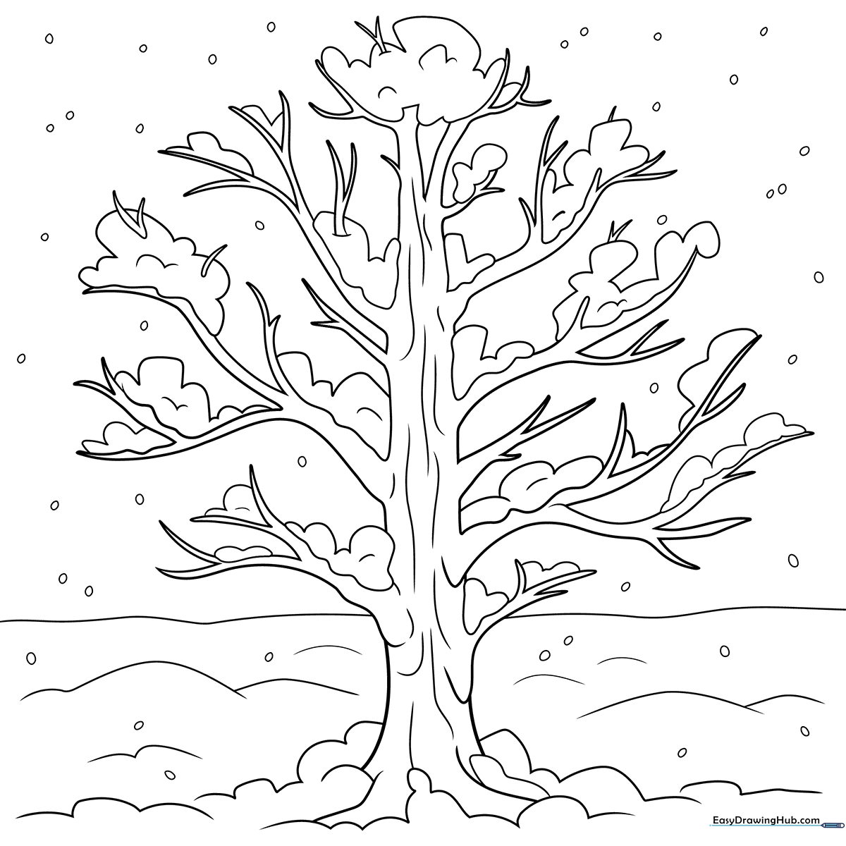 Black and white line art of a bare winter tree with spindly branches, designed for children to color.