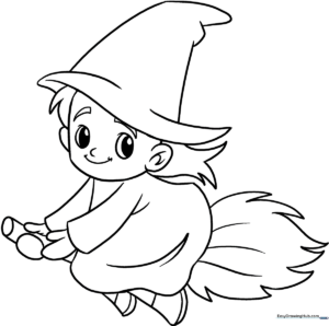 Black and white line art of a friendly witch wearing a pointed hat and holding a broom, ready for children to color.