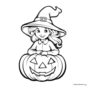 Black and white line art of a friendly cartoon witch wearing a pointed hat next to a smiling jack-o'-lantern, designed for children to color.