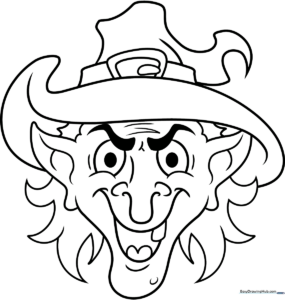 A clean, black-and-white line art illustration of a friendly witch face wearing a tall, pointed hat, designed for children to color.