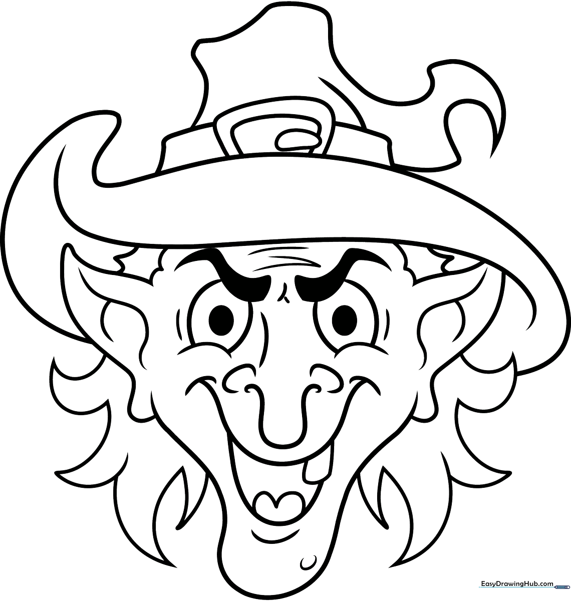 A clean, black-and-white line art illustration of a friendly witch face wearing a tall, pointed hat, designed for children to color.