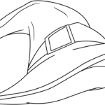 A clean, black-and-white line art illustration of a classic pointed witch hat with a wide brim and a decorative band, ready for coloring.