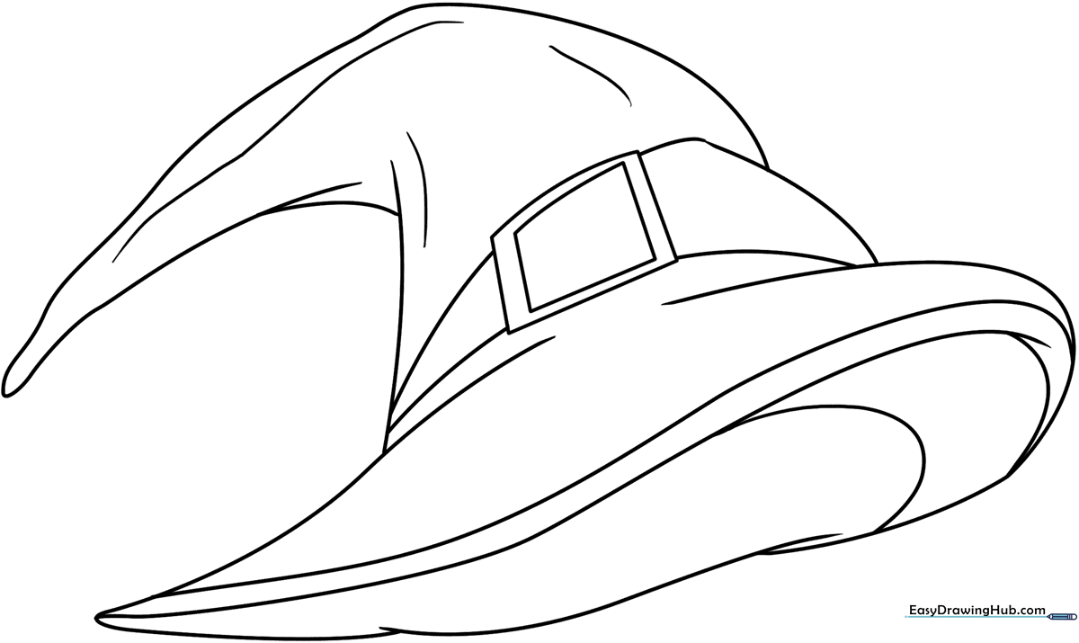 A clean, black-and-white line art illustration of a classic pointed witch hat with a wide brim and a decorative band, ready for coloring.