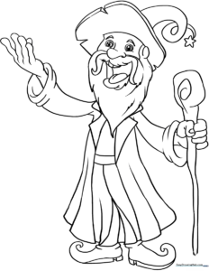 A friendly cartoon wizard wearing a tall pointed hat and flowing robes, holding a magical staff, designed as a clean line-art coloring page for children.