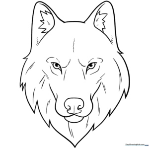 Close-up line art of a wolf face with expressive eyes for coloring
