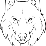 A clean, black-and-white line art illustration of a friendly wolf face, featuring large ears and expressive eyes, ready for children to color.