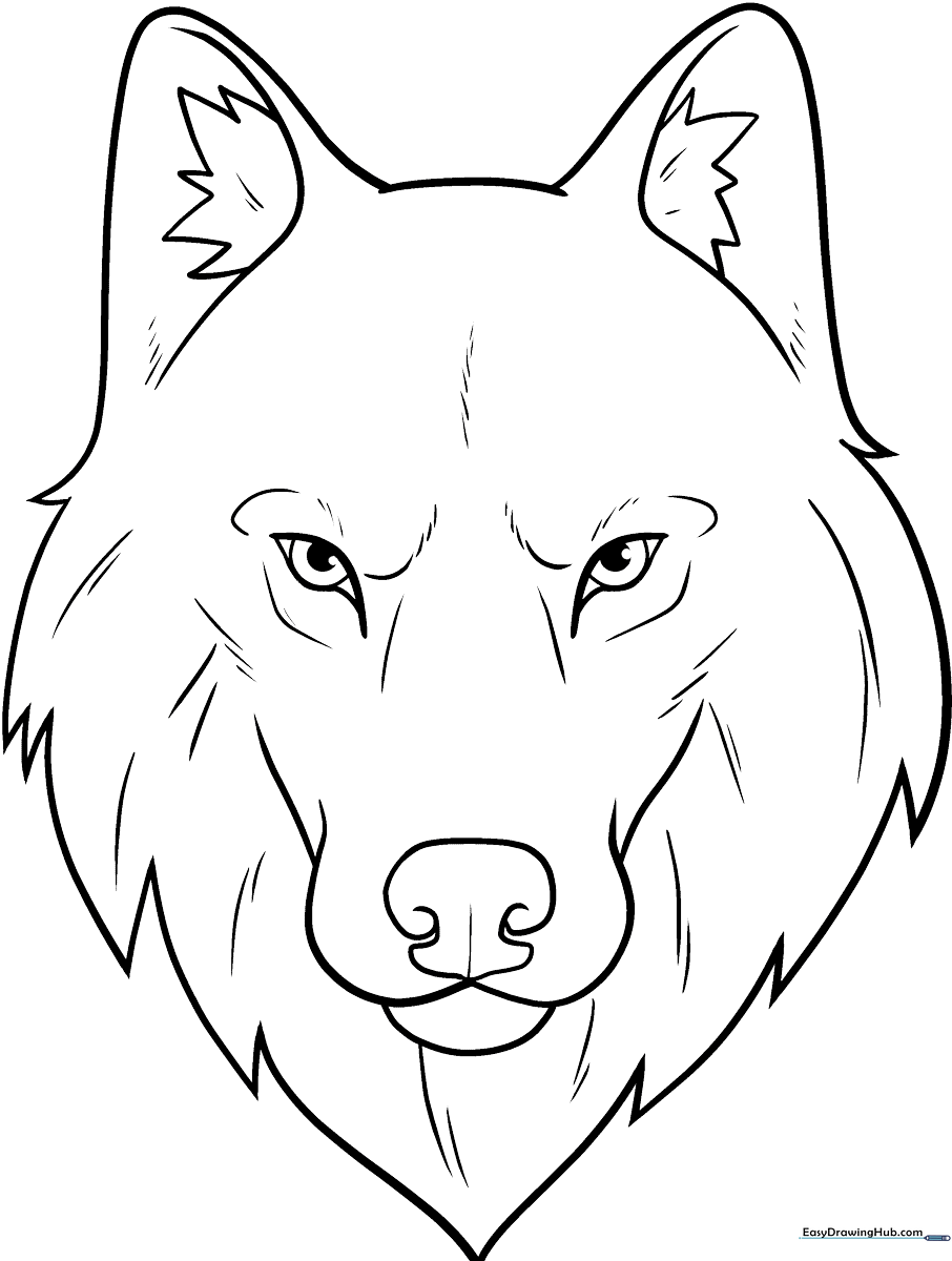 A clean, black-and-white line art illustration of a friendly wolf face, featuring large ears and expressive eyes, ready for children to color.