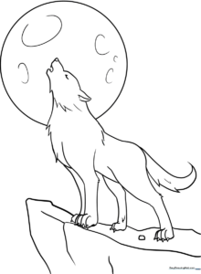 A clean, black-and-white line art illustration of a wolf howling at the moon, featuring bold outlines perfect for young children to color.
