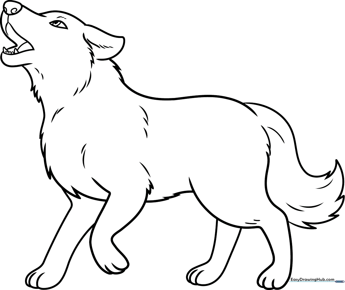 Clean black and white wolf outline with bold lines, designed for children to practice coloring within the boundaries.