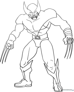 Black and white line art of Wolverine in his classic X-Men suit, featuring bold outlines perfect for coloring with markers or crayons.