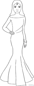 Black and white line art of a woman standing, featuring clear outlines for easy coloring by children.