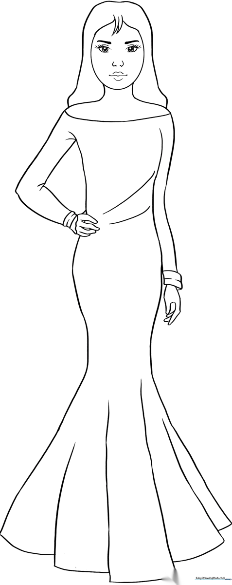 Black and white line art of a woman standing, featuring clear outlines for easy coloring by children.