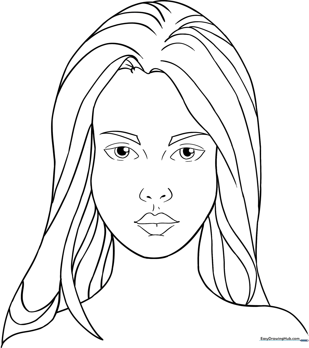 Black and white line art of a woman's face with flowing hair, designed for children to practice coloring facial features and hair strands.