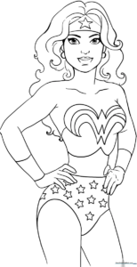 Black and white line art of Wonder Woman in her classic superhero costume, featuring clear outlines for easy coloring by children.