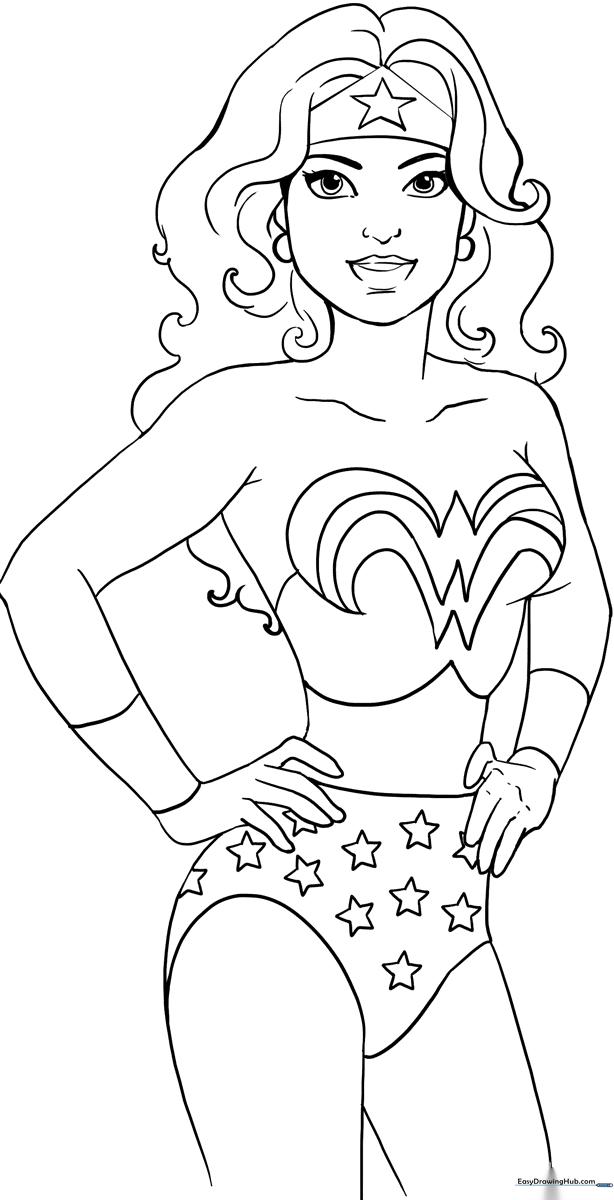 Black and white line art of Wonder Woman in her classic superhero costume, featuring clear outlines for easy coloring by children.