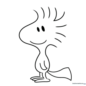Black and white line art of Woodstock from Peanuts, featuring his signature tufted hair and small, cheerful expression, ready for coloring.