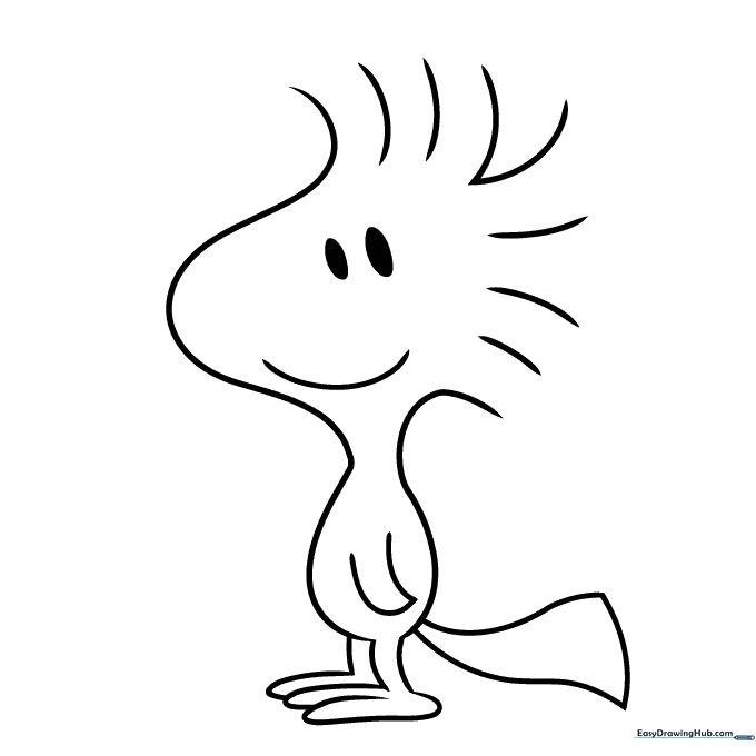 Black and white line art of Woodstock from Peanuts, featuring his signature tufted hair and small, cheerful expression, ready for coloring.