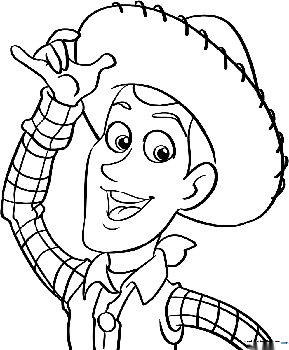 Black and white line art of Sheriff Woody from Toy Story, featuring his cowboy hat, vest, and badge, ready for coloring.