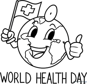 A clean, black-and-white line art illustration for World Health Day, featuring symbols of wellness and global health, ready for children to color.