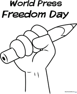 Black and white line art poster for World Press Freedom Day featuring bold typography and symbolic imagery for children to color.