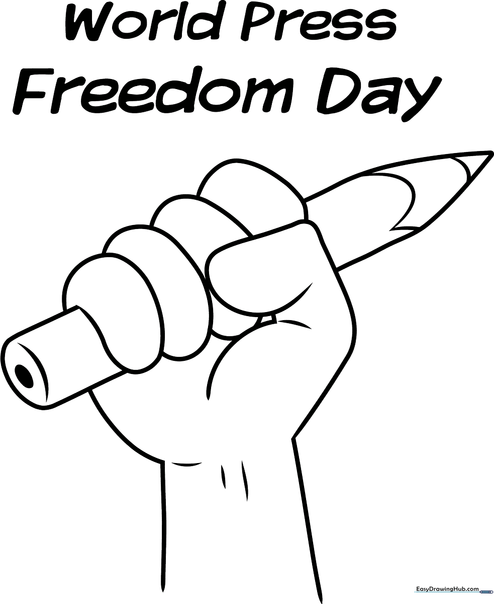 Black and white line art poster for World Press Freedom Day featuring bold typography and symbolic imagery for children to color.