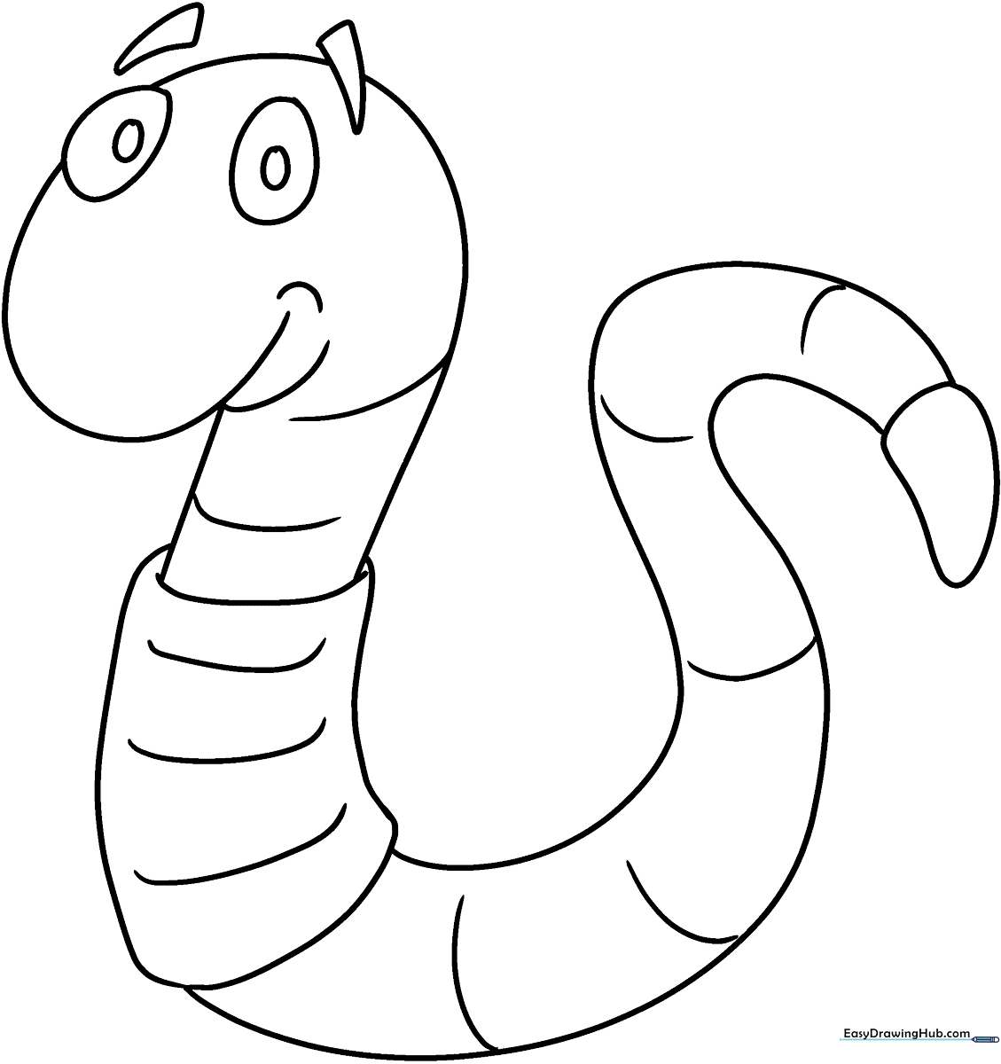 A friendly cartoon worm with a smiling face and segmented body, outlined in thick black lines for easy coloring by young children.