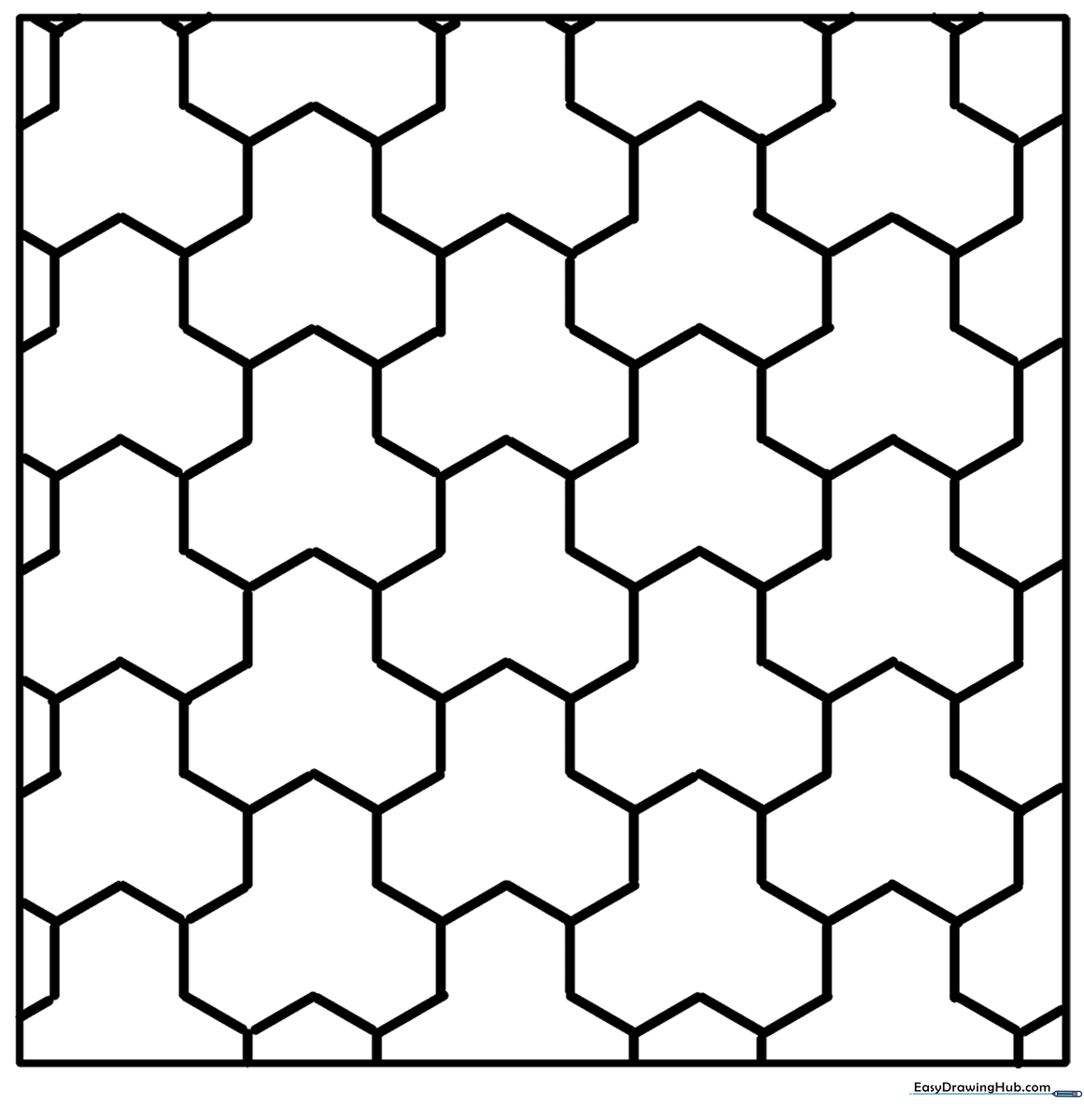 Black and white geometric woven pattern with interlocking strips, designed for children to practice coloring within lines and understanding spatial depth.
