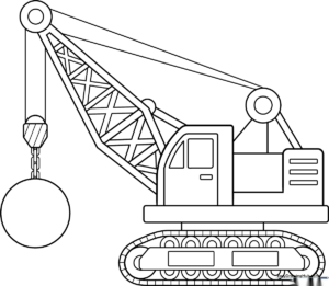 Black and white line art of a heavy-duty wrecking ball crane, featuring a large crane arm, a suspended steel ball, and thick outlines suitable for young children to color.