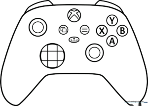 Black and white line art of an Xbox controller with clear button outlines, perfect for children to color and customize.