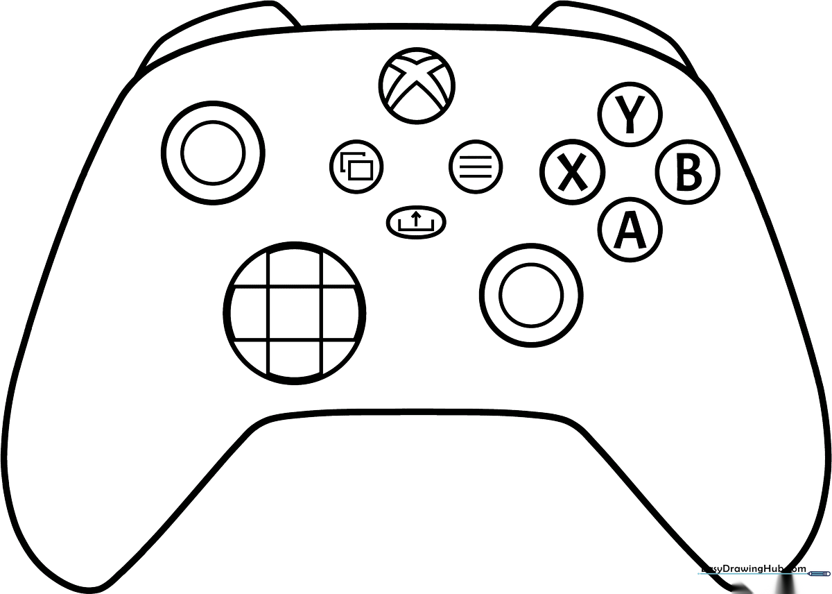 Black and white line art of an Xbox controller with clear button outlines, perfect for children to color and customize.