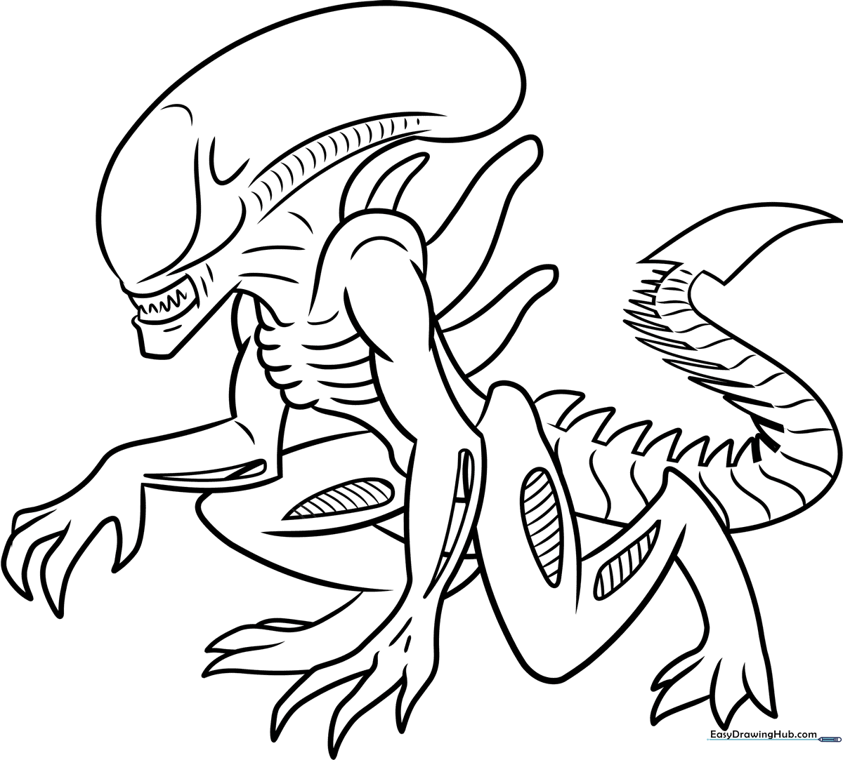 Detailed line art of a Xenomorph alien character, featuring its signature elongated head and segmented body, ready for coloring.