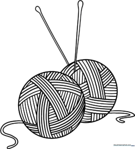 Black and white line art of a round ball of yarn with loose strands, designed for children to color.