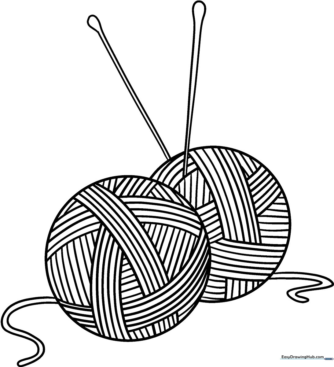 Black and white line art of a round ball of yarn with loose strands, designed for children to color.