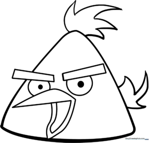 Black and white line art of the triangular Yellow Angry Bird character, featuring large expressive eyebrows and a pointed beak, ready for coloring.