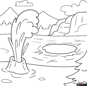 Black and white line art of Yellowstone National Park landscape featuring geysers and mountains for children to color.