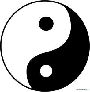 Black and white Yin Yang symbol outline on a clean background, designed for children to color and practice staying within the lines.