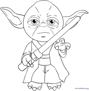 Black and white line art of Yoda from Star Wars, featuring his iconic large ears and robes, ready for children to color.