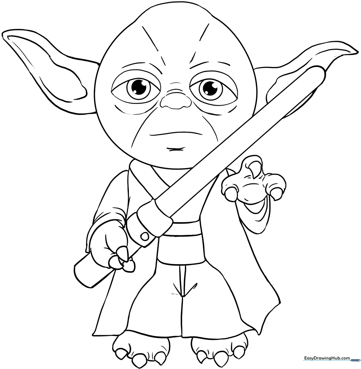 Black and white line art of Yoda from Star Wars, featuring his iconic large ears and robes, ready for children to color.