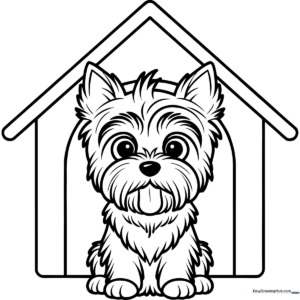 A cute cartoon Yorkshire Terrier puppy sitting inside a wooden doghouse, featuring clear, bold outlines for easy coloring by children.
