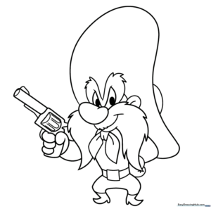 Black and white line art of Yosemite Sam featuring his signature large mustache and cowboy hat, ready for coloring.