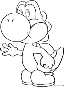 Black and white line art of Yoshi standing, featuring bold outlines perfect for young children learning to color within the lines.