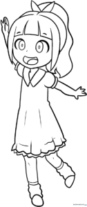 Black and white line art of a young anime girl with expressive eyes and stylized hair, ready for coloring.