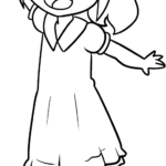 Black and white line art of a young anime girl with expressive eyes and stylized hair, ready for coloring.
